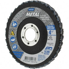 Norton - 40 Grit, 4-1/2" Disc Diam, 7/8" Center Hole, Type 29 Zirconia Alumina Flap Disc - 13,300 Max RPM, Fiberglass Backing, Arbor Attaching System, Coated - Apex Tool & Supply