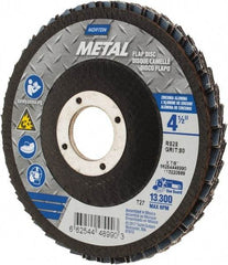 Norton - 80 Grit, 4-1/2" Disc Diam, 7/8" Center Hole, Type 27 Zirconia Alumina Flap Disc - 13,300 Max RPM, Fiberglass Backing, Arbor Attaching System, Coated - Apex Tool & Supply