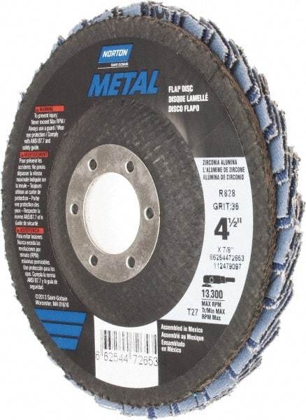 Norton - 36 Grit, 4-1/2" Disc Diam, 7/8" Center Hole, Type 27 Zirconia Alumina Flap Disc - 13,300 Max RPM, Fiberglass Backing, Arbor Attaching System, Coated - Apex Tool & Supply