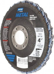 Norton - 36 Grit, 4-1/2" Disc Diam, 7/8" Center Hole, Type 27 Zirconia Alumina Flap Disc - 13,300 Max RPM, Fiberglass Backing, Arbor Attaching System, Coated - Apex Tool & Supply