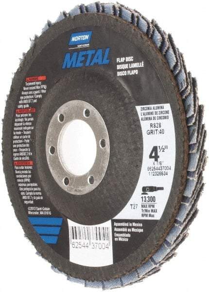 Norton - 40 Grit, 4-1/2" Disc Diam, 7/8" Center Hole, Type 27 Zirconia Alumina Flap Disc - 13,300 Max RPM, Fiberglass Backing, Arbor Attaching System, Coated - Apex Tool & Supply