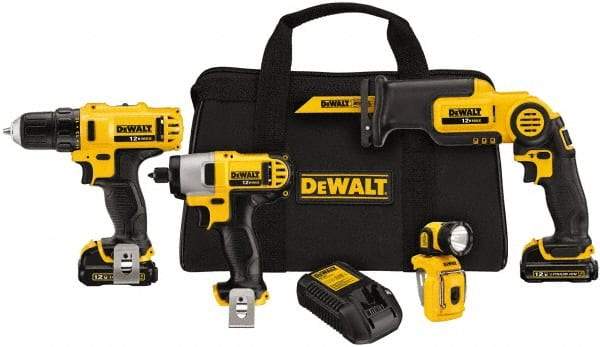 DeWALT - 12 Volt Cordless Tool Combination Kit - Includes 3/8" Drill/Driver, 1/4" Impact Driver, Pivot Reciprocating Saw & LED Worklight, Lithium-Ion Battery Included - Apex Tool & Supply