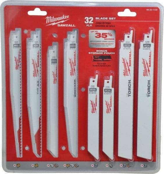 Milwaukee Tool - 32 Piece, 6" to 9" Long x 0.04" to 0.05" Thick, Bi-Metal Reciprocating Saw Blade Set - Straight Profile, 5-8 to 24 Teeth per Inch, Toothed Edge - Apex Tool & Supply
