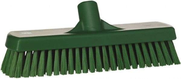 Vikan - 1.7" Bristle Length, Polyester Scrub Brush - 11-1/4" Long x 3" Wide Head, 12" OAL, European Threaded Handle, Green, Polypropylene Block - Apex Tool & Supply
