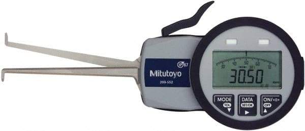 Mitutoyo - 0.0472 Inch Groove Width, 0.2047 Inch Groove Depth, 0.39 to 1.18 Inch, Ball/Ball Inside Electronic Caliper Gage - 0.0005 Inch Resolution, 0.0015 Inch Accuracy, 0.0394 Inch Tip Diameter, 3.3465 Inch Leg Length, Data Output, AA Battery - Apex Tool & Supply