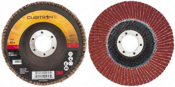 3M - 40 Grit, 4-1/2" Disc Diam, 7/8" Center Hole, Type 29 Ceramic Flap Disc - 13,300 Max RPM, Cloth Backing, Arbor Attaching System, Coated - Apex Tool & Supply