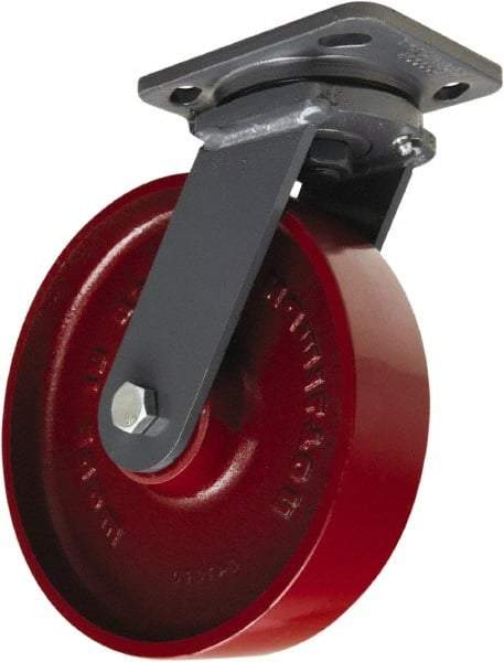 Hamilton - 8" Diam x 2" Wide x 9-1/2" OAH Top Plate Mount Swivel Caster - Cast Iron, 1,500 Lb Capacity, Sealed Precision Ball Bearing, 4 x 5" Plate - Apex Tool & Supply