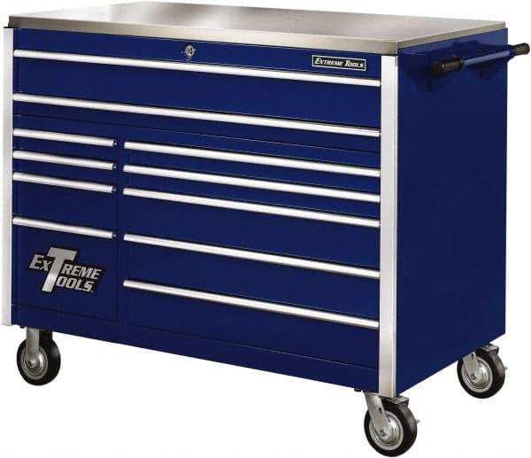 EXTREME TOOLS - 11 Drawer Steel Tool Roller Cabinet - 55" Wide x 46-3/8" High x 30" Deep, Ball Bearing Drawer Slides, Blue - Apex Tool & Supply