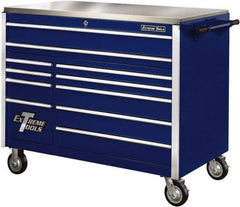 EXTREME TOOLS - 11 Drawer Steel Tool Roller Cabinet - 55" Wide x 46-3/8" High x 30" Deep, Ball Bearing Drawer Slides, Blue - Apex Tool & Supply