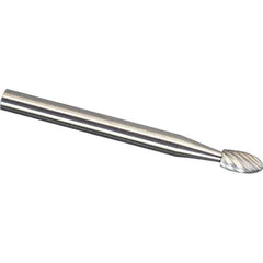 Made in USA - 1/8" Cut Diam, 1/8" Shank Diam, Oval Head Diamond Cut Burr - Carbide, 7/32" LOC, 1-1/2" OAL - Apex Tool & Supply