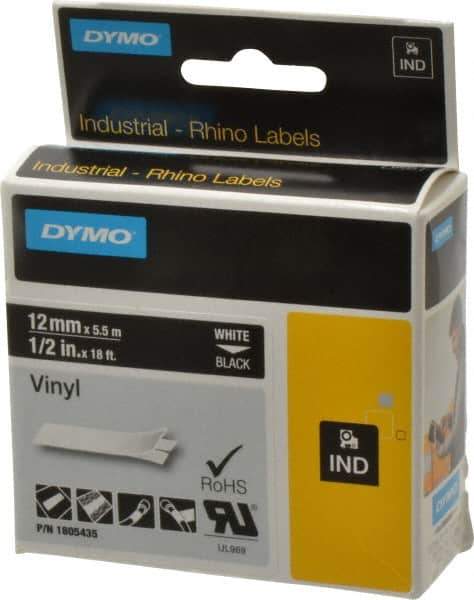 Dymo - 5" Wide x 216" Long, Black Vinyl Label Printer Cartridge - For RHINO 1000, 3000, 4200, 5000, 5200,6000, 6500 - Apex Tool & Supply