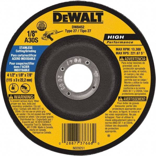 DeWALT - 30 Grit, 4-1/2" Wheel Diam, 1/8" Wheel Thickness, 7/8" Arbor Hole, Type 27 Depressed Center Wheel - Aluminum Oxide, 13,300 Max RPM, Compatible with Angle Grinder - Apex Tool & Supply