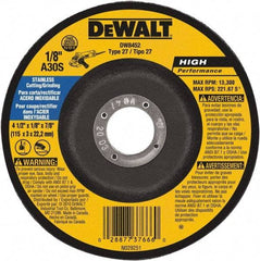 DeWALT - 30 Grit, 4-1/2" Wheel Diam, 1/8" Wheel Thickness, 7/8" Arbor Hole, Type 27 Depressed Center Wheel - Aluminum Oxide, 13,300 Max RPM, Compatible with Angle Grinder - Apex Tool & Supply