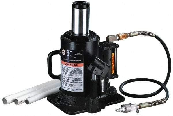 Omega Lift Equipment - 30 Ton Capacity Air-Actuated Bottle Jack - 11" to 18" High, 7" Piston Stroke, 2-1/2" Plunger Diam, 8-1/4" Wide Base - Apex Tool & Supply