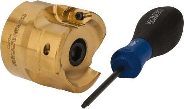 Seco - 2" Cut Diam, 0.295" Max Depth, 3/4" Arbor Hole, 3 Inserts, XPKX12 Insert Style, Indexable Copy Face Mill - R220.97-12 Cutter Style, 30,000 Max RPM, 1.77" High, Through Coolant, Series R220 - Apex Tool & Supply