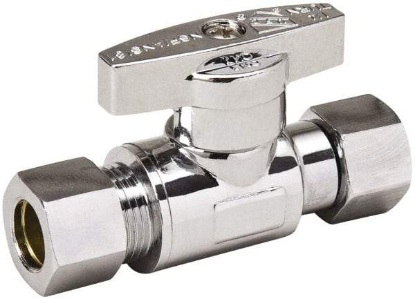 Value Collection - Female Compression 3/8 Inlet, 125 Max psi, Chrome Finish, Brass Water Supply Stop Valve - 3/8 Compression Outlet, Straight, Chrome Handle, For Use with Any Water Supply Shut Off Application - Apex Tool & Supply