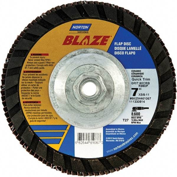 Norton - 120 Grit, 7" Disc Diam, 5/8-11 Center Hole, Type 27 Ceramic Alumina Flap Disc - 8,600 Max RPM, Polyester Backing, Arbor Attaching System, Coated - Apex Tool & Supply