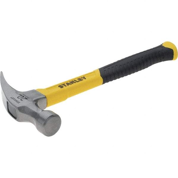 Stanley - 20 oz Head, Curved Claw Hammer - 12.83" OAL, Steel Head, 1.18" Face Diam, Smooth Face, Fiberglass Handle with Grip - Apex Tool & Supply
