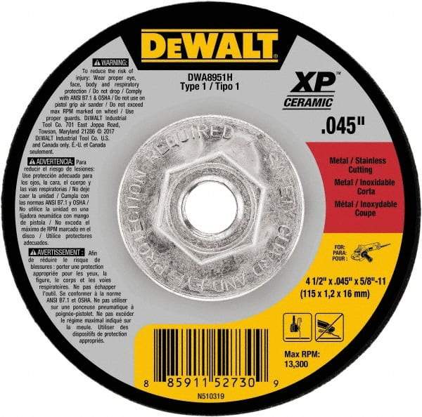 DeWALT - 4-1/2" Ceramic Cutoff Wheel - 0.045" Thick, 5/8-11 Arbor, 13,300 Max RPM, Use with Angle Grinders - Apex Tool & Supply