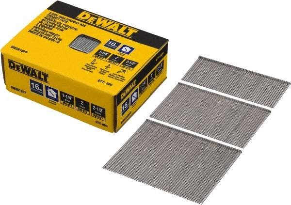 DeWALT - 16 Gauge 2-1/2" Long Finishing Nails for Power Nailers - Steel, Bright Finish, Smooth Shank, Angled Stick Collation, Round Head, Chisel Point - Apex Tool & Supply