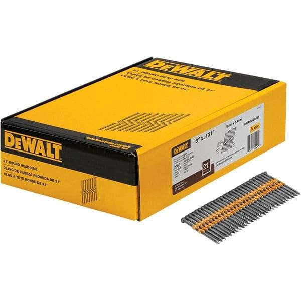 DeWALT - 9 Gauge 3" Long Framing Nails for Power Nailers - Steel, Bright Finish, Smooth Shank, Angled Stick Collation, Round Head - Apex Tool & Supply