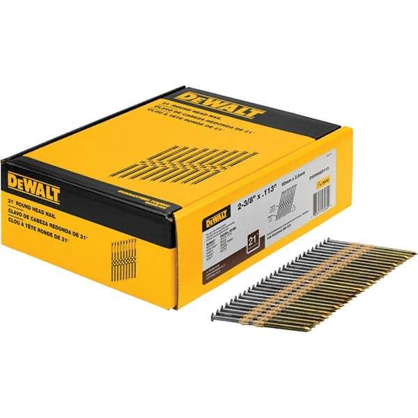 DeWALT - 12 Gauge 2.38" Long Framing Nails for Power Nailers - Steel, Bright Finish, Smooth Shank, Angled Stick Collation, Round Head - Apex Tool & Supply