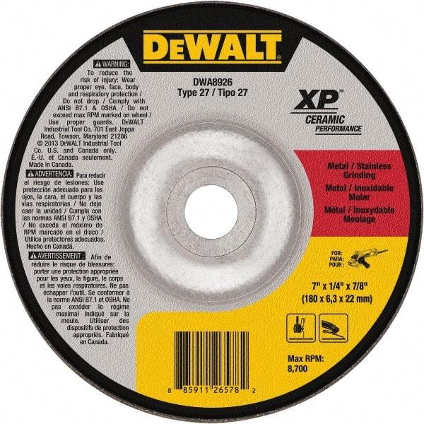 DeWALT - 24 Grit, 7" Wheel Diam, 7/8" Arbor Hole, Type 27 Depressed Center Wheel - Coarse/Medium Grade, Ceramic, N Hardness, 8,700 Max RPM - Apex Tool & Supply