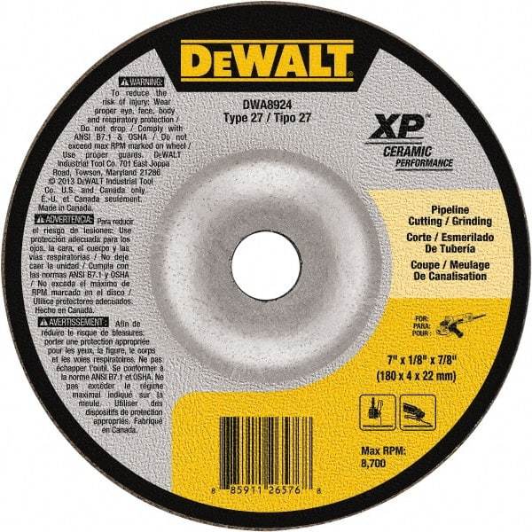 DeWALT - 24 Grit, 7" Wheel Diam, 7/8" Arbor Hole, Type 27 Depressed Center Wheel - Coarse/Medium Grade, Ceramic, N Hardness, 8,700 Max RPM - Apex Tool & Supply