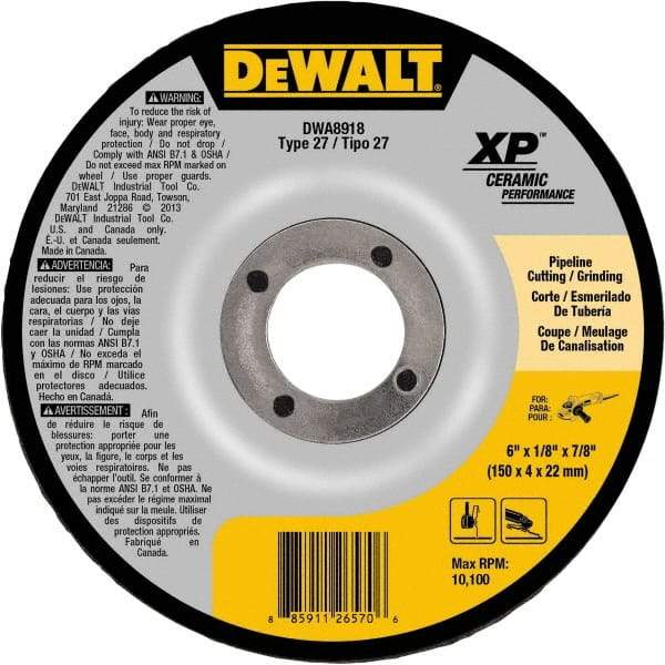DeWALT - 24 Grit, 6" Wheel Diam, 7/8" Arbor Hole, Type 27 Depressed Center Wheel - Coarse/Medium Grade, Ceramic, N Hardness, 10,100 Max RPM - Apex Tool & Supply