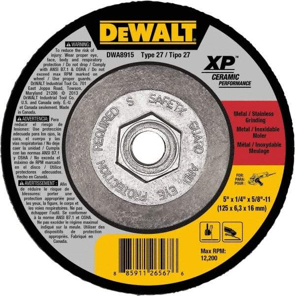 DeWALT - 24 Grit, 5" Wheel Diam, Type 27 Depressed Center Wheel - Coarse/Medium Grade, Ceramic, N Hardness, 12,200 Max RPM - Apex Tool & Supply