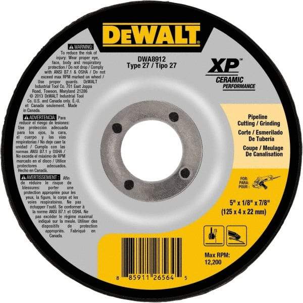 DeWALT - 24 Grit, 5" Wheel Diam, 7/8" Arbor Hole, Type 27 Depressed Center Wheel - Coarse/Medium Grade, Ceramic, N Hardness, 12,200 Max RPM - Apex Tool & Supply