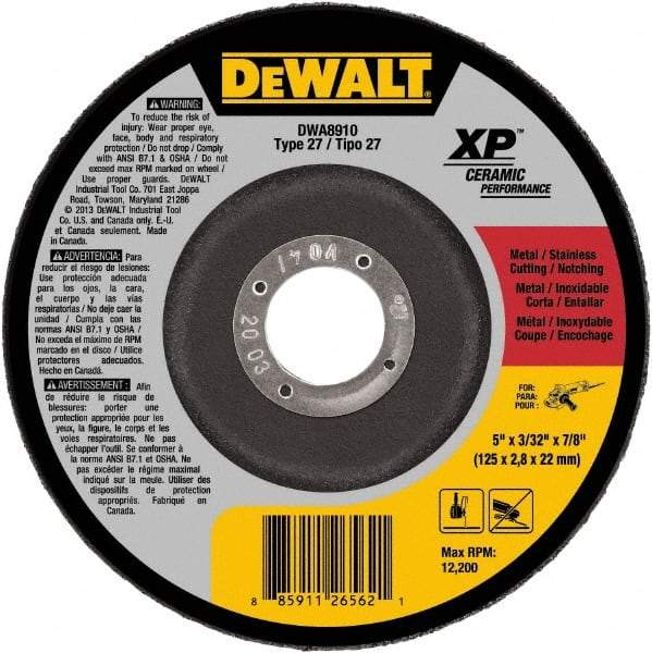 DeWALT - 24 Grit, 5" Wheel Diam, 7/8" Arbor Hole, Type 27 Depressed Center Wheel - Coarse/Medium Grade, Ceramic, N Hardness, 12,200 Max RPM - Apex Tool & Supply