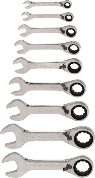 Blackhawk by Proto - 9 Piece, 1/4" to 3/4", Stubby Ratcheting Reversible Combination Wrench Set - Inch Measurement Standard, Chrome Finish, Comes in Case - Apex Tool & Supply