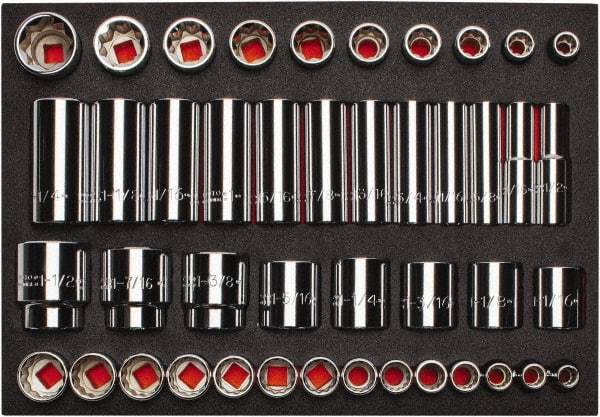 Proto - 65 Piece 1/2" Drive Chrome Finish Deep Well Socket Set - 8, 12 Points, 3/8" to 1-1/2" Range, Inch Measurement Standard - Apex Tool & Supply