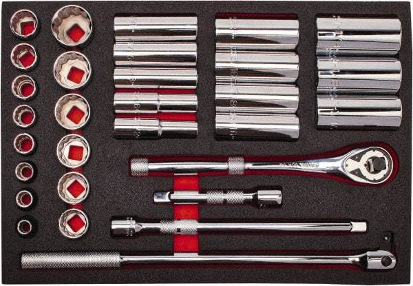 Proto - 30 Piece 1/2" Drive Chrome Finish Deep Well Socket Set - 12 Points, 3/8" to 1-1/4" Range, Inch Measurement Standard - Apex Tool & Supply
