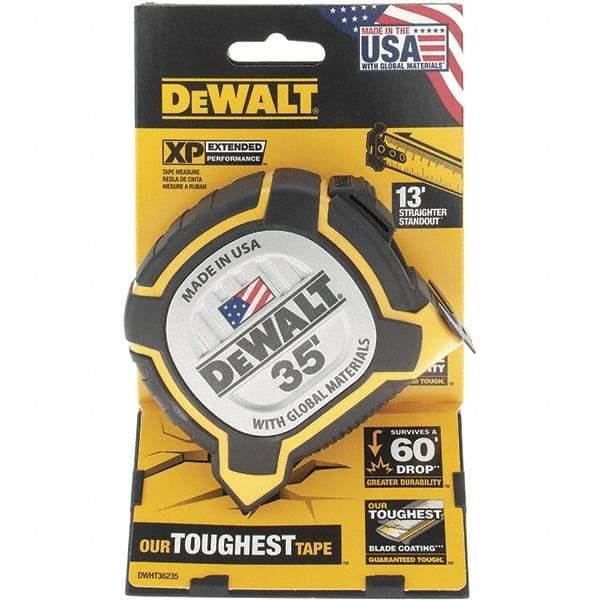 DeWALT - 35' x 1-1/4" Yellow Steel Blade Tape Measure - 1/16" Graduation, Yellow/Black ABS Plastic Case - Apex Tool & Supply