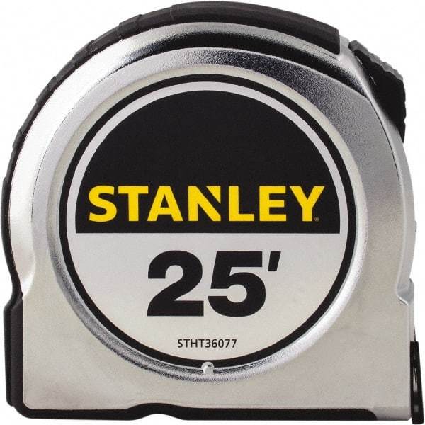 Stanley - 25' x 1" Yellow Steel Blade Tape Measure - 1/16" Graduation, Chrome ABS Plastic Case - Apex Tool & Supply