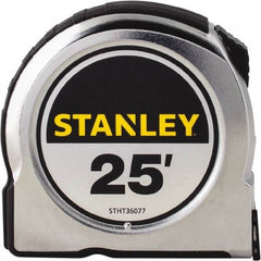 Stanley - 25' x 1" Yellow Steel Blade Tape Measure - 1/16" Graduation, Chrome ABS Plastic Case - Apex Tool & Supply