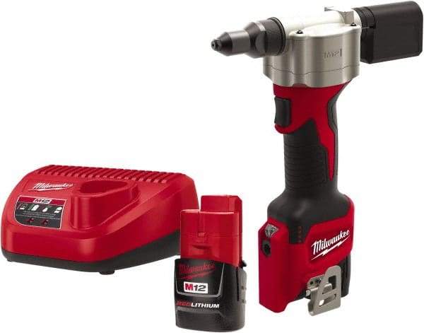 Milwaukee Tool - All up to 3/16" Closed End Rivet Capacity , 2,000 Lb Pull Force Cordless Electric Riveter - 0.8" Stroke Length, 12 Volt, Mandrel Collection, (2) 48-11-2401 Batteries Included - Apex Tool & Supply
