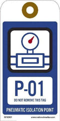 NMC - 6" High x 3" Long, P - 01 THRU P - 10 DO NOT REMOVE THIS TAG PNEUMATIC ISOLATION POINT, English Safety & Facility Energy Isolation Tag - 1 Side, Blue Unrippable Vinyl - Apex Tool & Supply