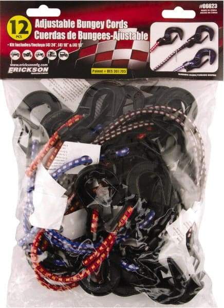 Erickson Manufacturing - Bungee Cord with S Hook - 13, 18, 24" OAL, Red/Blue/Green - Apex Tool & Supply