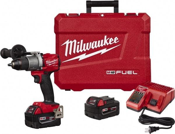 Milwaukee Tool - 18 Volt 1/2" Chuck Pistol Grip Handle Cordless Drill - 0-550 & 0-2000 RPM, Single-Sleeve Ratcheting Chuck, Reversible, 2 Lithium-Ion Batteries Included - Apex Tool & Supply