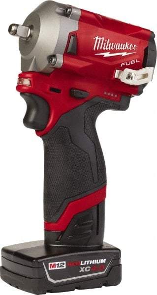 Milwaukee Tool - 3/8" Drive 12 Volt Pistol Grip Cordless Impact Wrench & Ratchet - 2,700 RPM, 0 to 3,200 BPM, 250 Ft/Lb Torque, 2 Lithium-Ion Batteries Included - Apex Tool & Supply