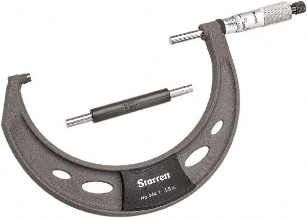 Starrett - 4 to 5" Range, 0.0001" Graduation, Mechanical Outside Micrometer - Ratchet Thimble, 2-3/4" Throat Depth, Accurate to 0.0001" - Apex Tool & Supply