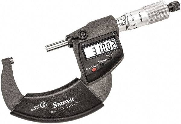 Starrett - 25 to 50mm Range, 0.001mm Graduation, Mechanical Outside Micrometer - Ratchet Thimble, 30mm Throat Depth, Accurate to 0.001mm - Apex Tool & Supply