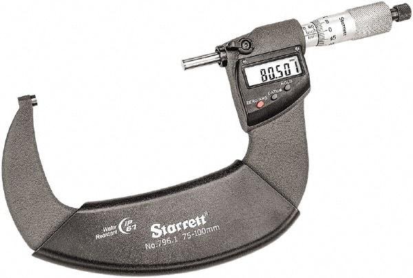Starrett - 75 to 100mm Range, 0.001mm Graduation, Mechanical Outside Micrometer - Ratchet Thimble, 55mm Throat Depth, Accurate to 0.001mm - Apex Tool & Supply