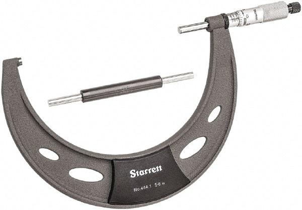 Starrett - 5 to 6" Range, 0.0001" Graduation, Mechanical Outside Micrometer - Ratchet Thimble, 3.35" Throat Depth, Accurate to 0.0001" - Apex Tool & Supply