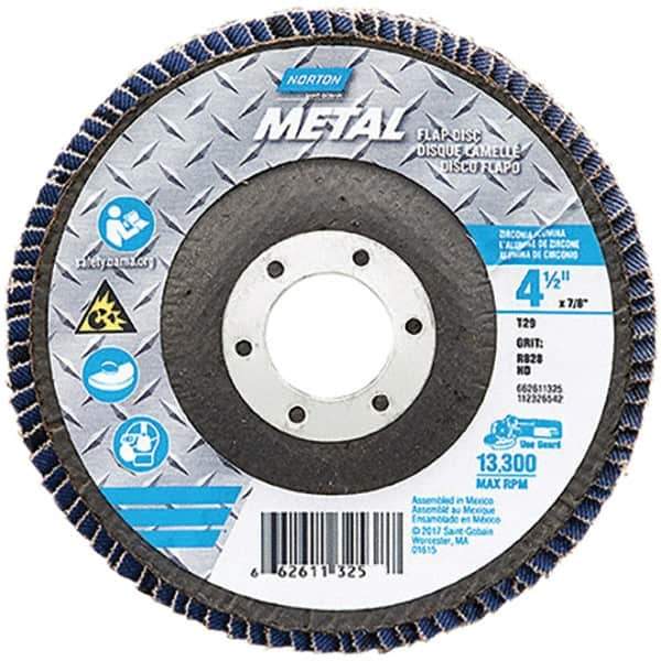 Norton - 80 Grit, 4-1/2" Disc Diam, 7/8" Center Hole, Type 29 Zirconia Alumina Flap Disc - 13,300 Max RPM, Fiberglass Backing, Arbor Attaching System, Coated - Apex Tool & Supply