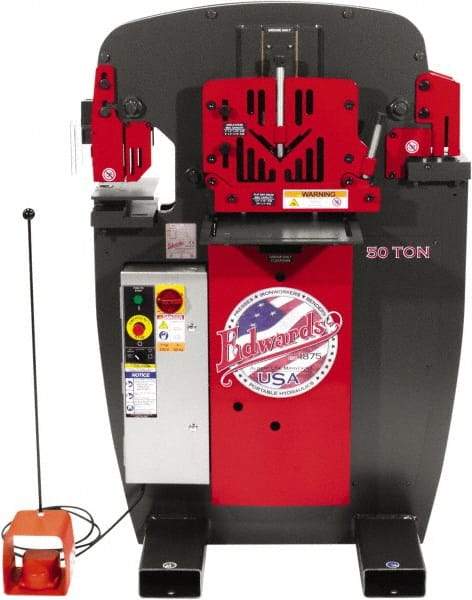 Edwards Manufacturing - 7" Throat Depth, 50 Ton Punch Pressure, 1" in 5/8" Punch Capacity Ironworker - 5 hp, 3 Phase, 230 Volts, 36-3/4" Wide x 54-1/2" High x 36-1/8" Deep - Apex Tool & Supply