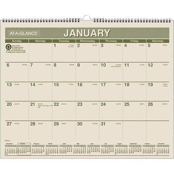 AT-A-GLANCE - 12 Sheet, 15 x 12", Wall Calendar - Green & White - Apex Tool & Supply